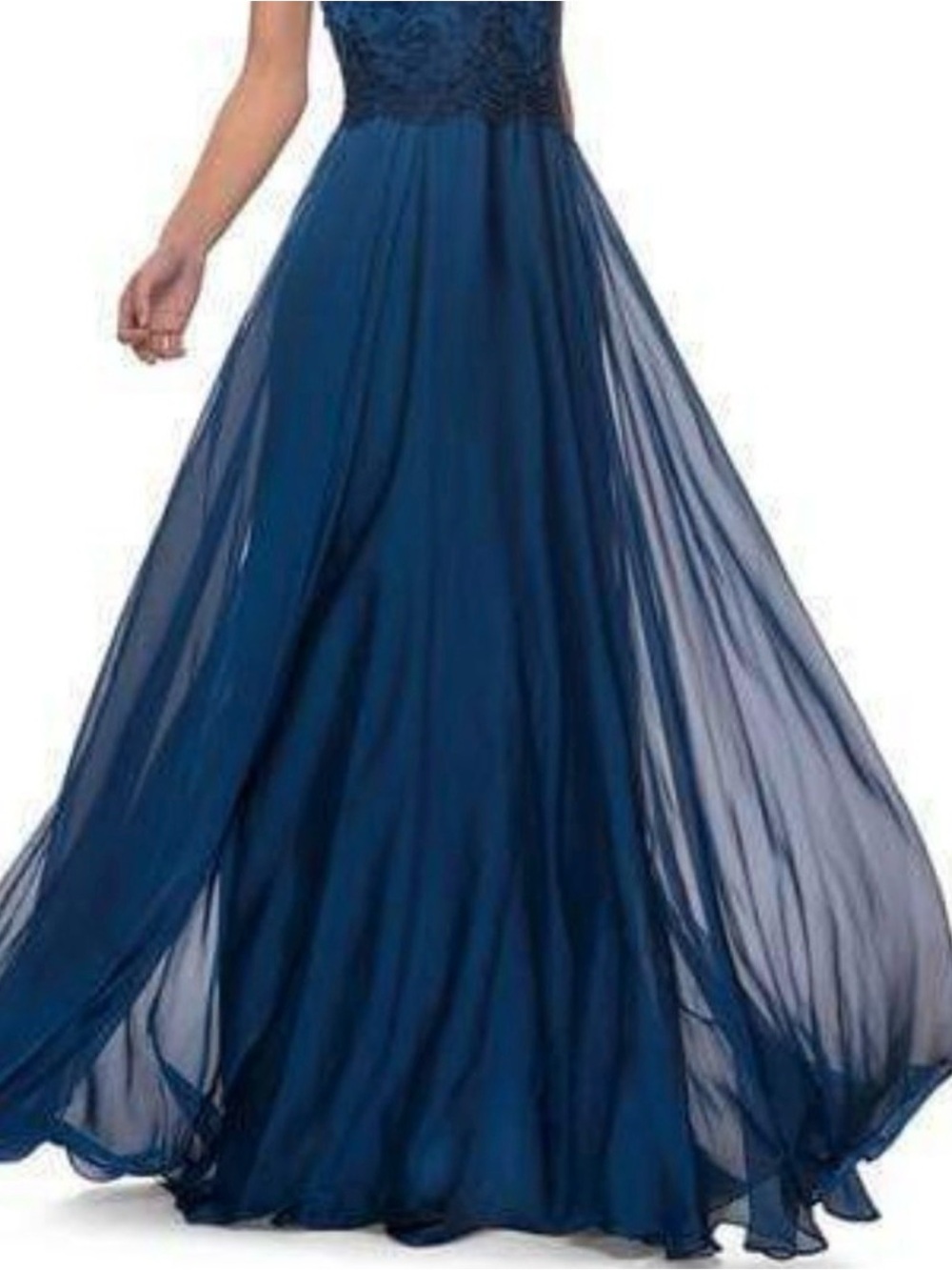 La Femme Navy Blue Lace Dress. Mother of the Bride! Flows as you walk!